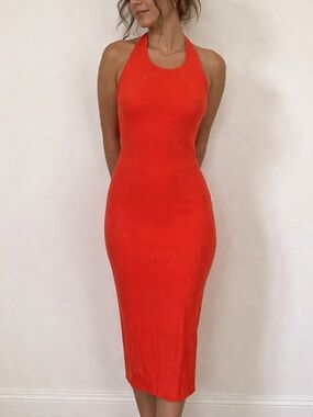 Modern Citizen Ally Red Ribbed Halter‎ Neck Bodycon Midi Dress Size XL
